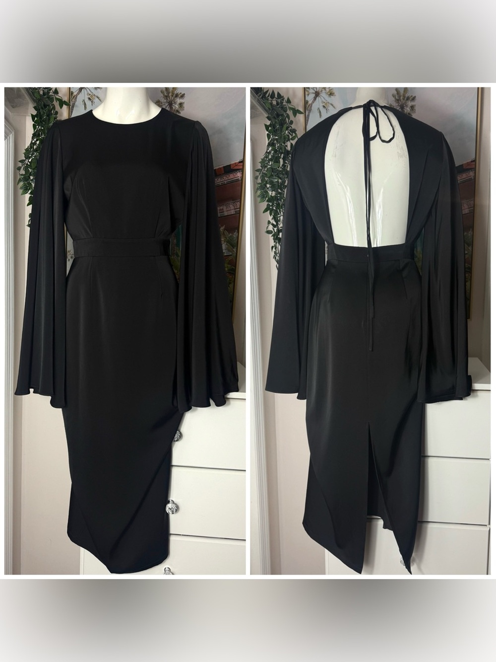 The One By Lichi Black Flared Bell Sleeve Open Back Midi Dress Size Size Medium